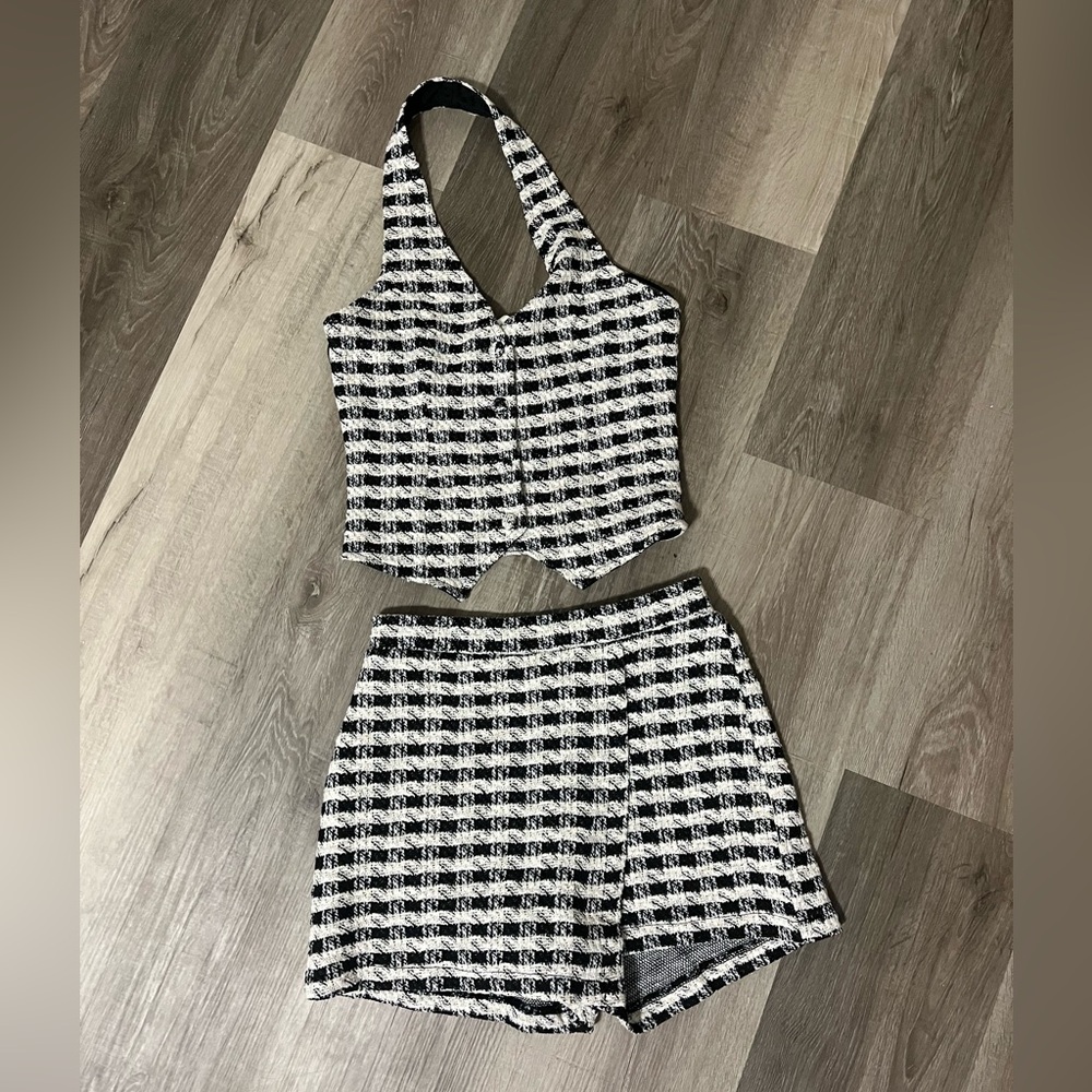 Black & White Tweed Two-Piece Halter Top and Skort set